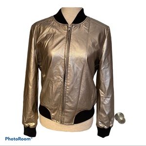 BB DAKOTA JACKET COAT GOLD FAUX LEATHER BLACK TRIM BOMBER MOB WIFE SIZE M